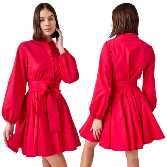CHOKLATE PARIS Dresses & Skirts - CHOKLATE PARIS Red Fit & Flare Long Sleeve Dress With Optional Belt Sash